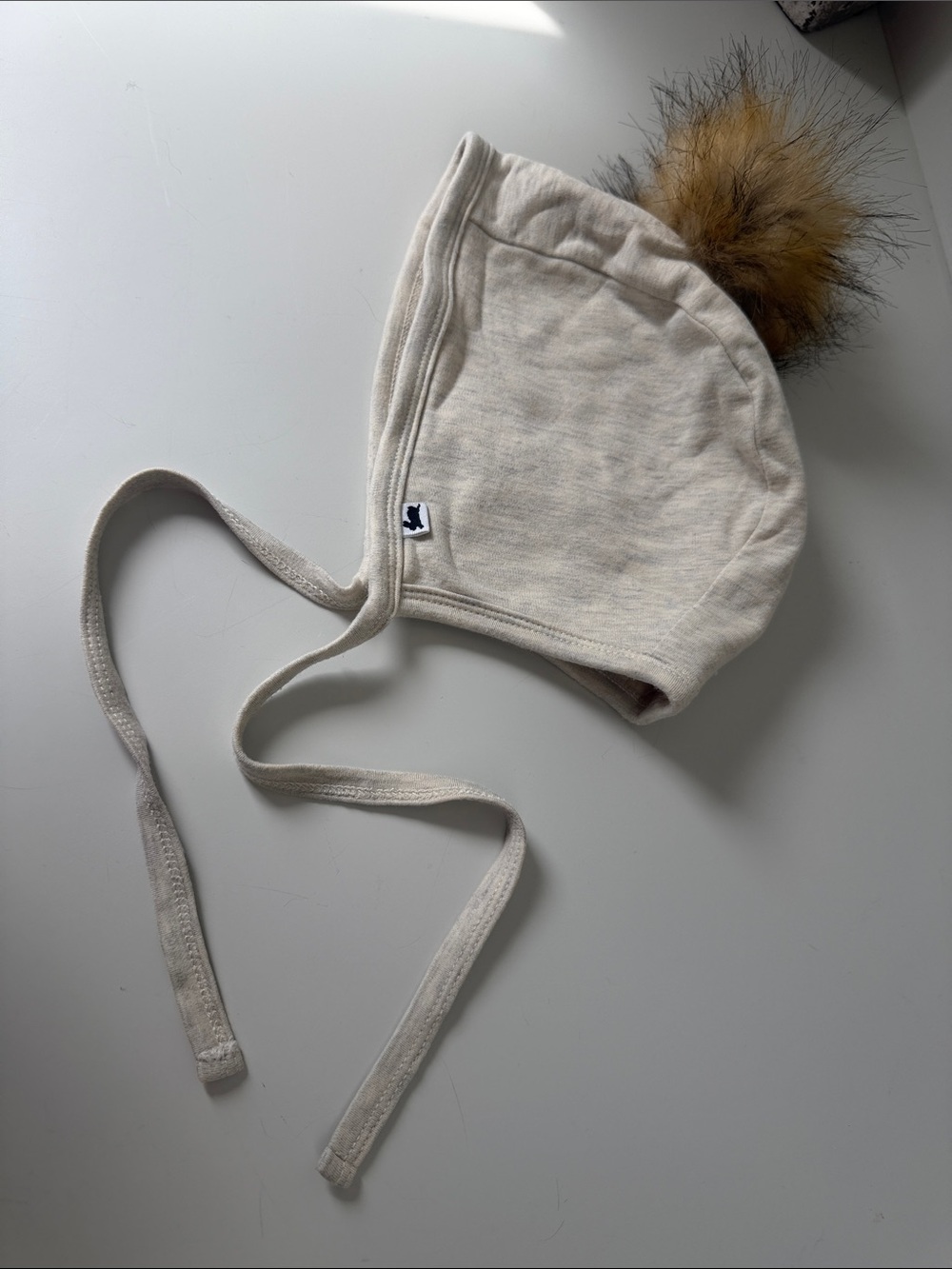 Cream Knit Kids Hat with Faux Fur Pom and Ties